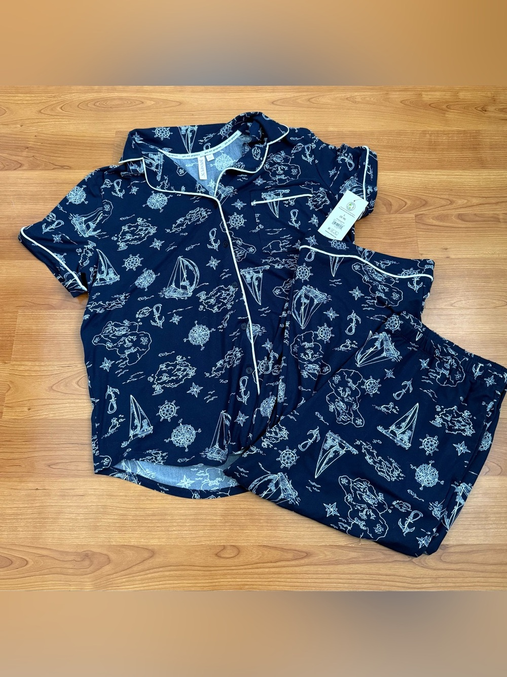 Joyspun Navy Nautical Pajama Set Size L 12-14 NWT